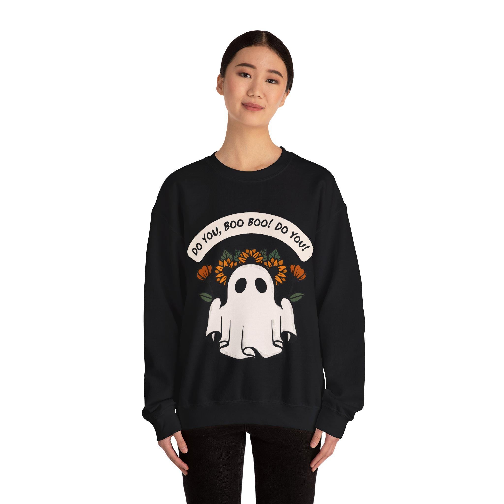 Halloween Ghost & Flowers Crewneck Sweatshirt: Spooky Fall Sweater