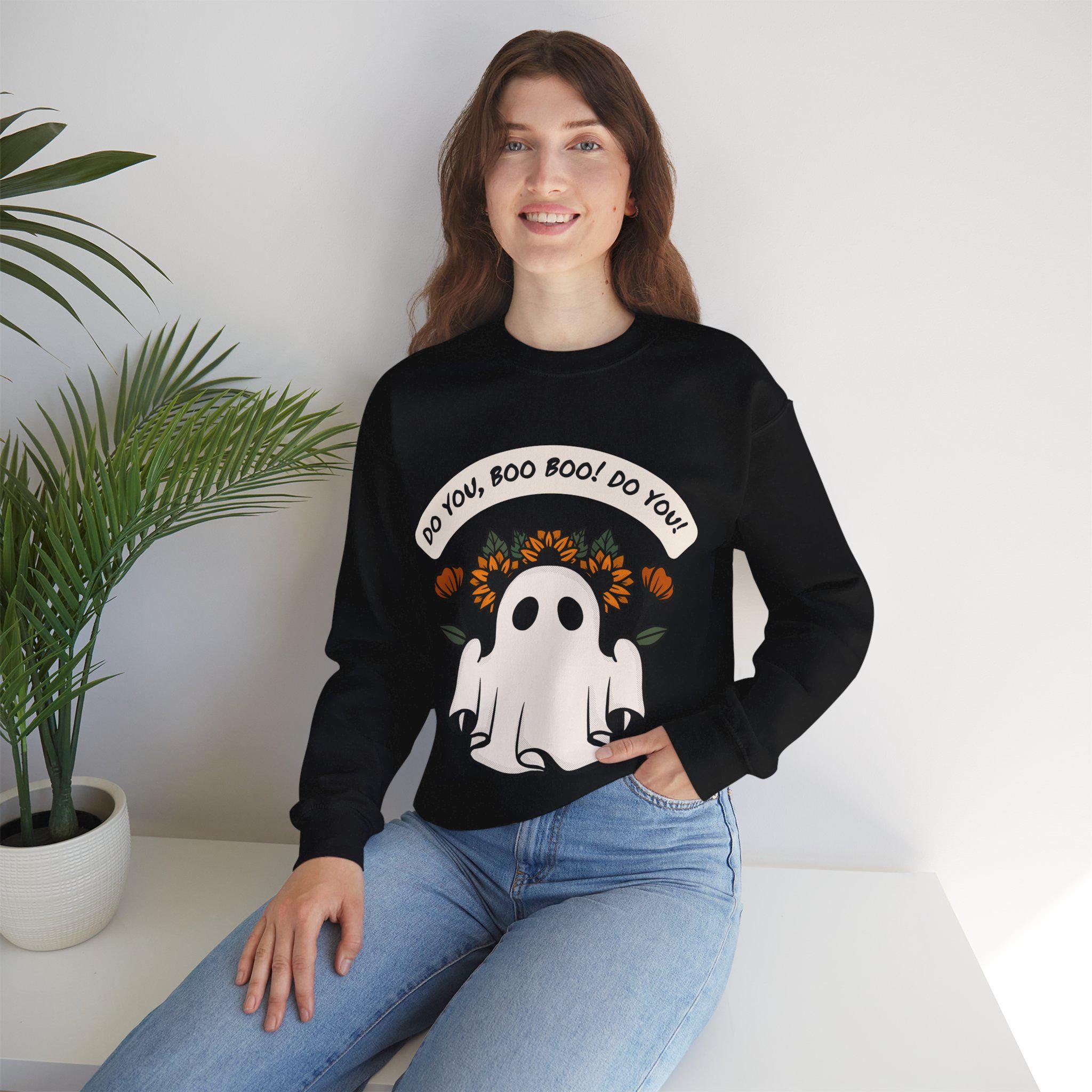 Halloween Ghost & Flowers Crewneck Sweatshirt: Spooky Fall Sweater