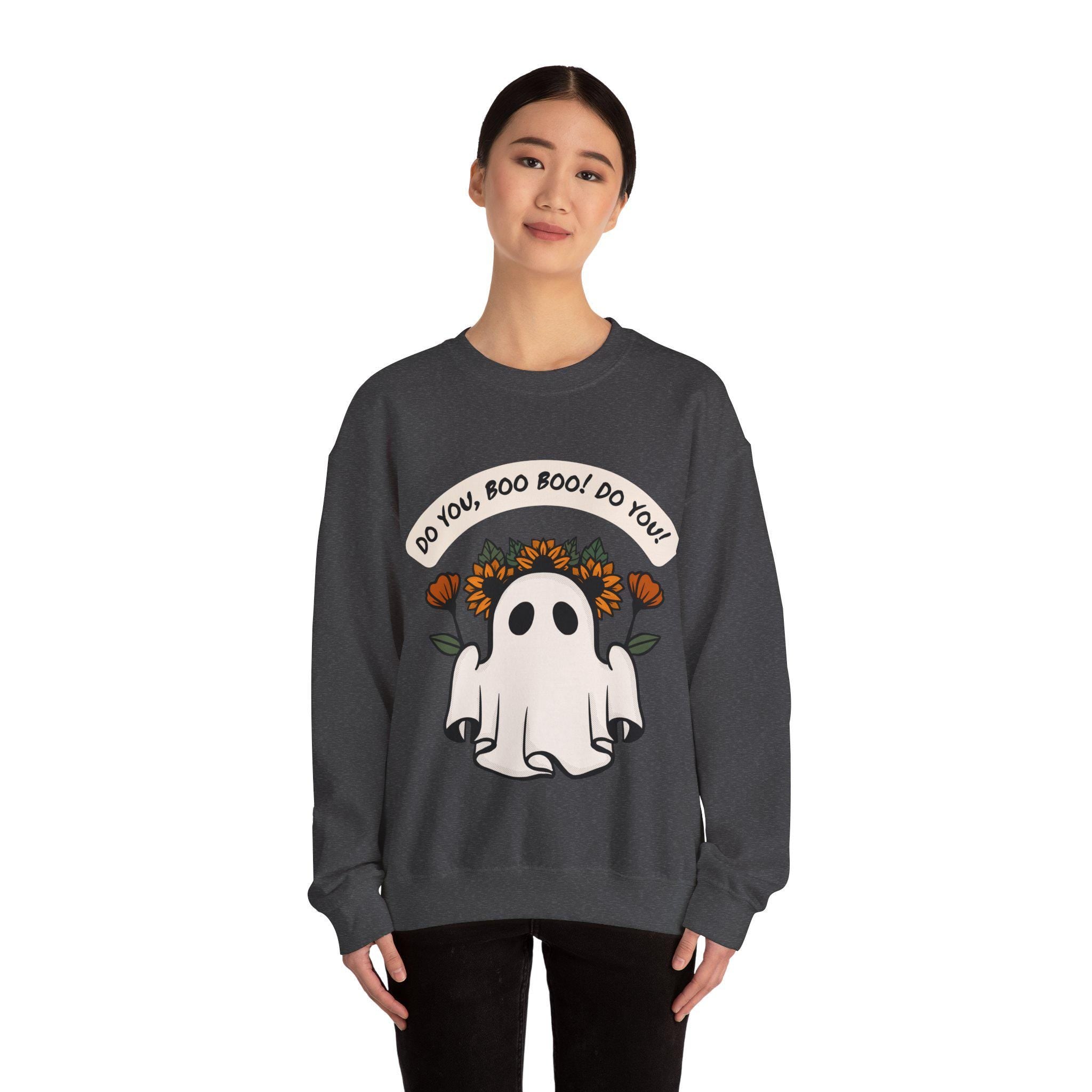 Halloween Ghost & Flowers Crewneck Sweatshirt: Spooky Fall Sweater